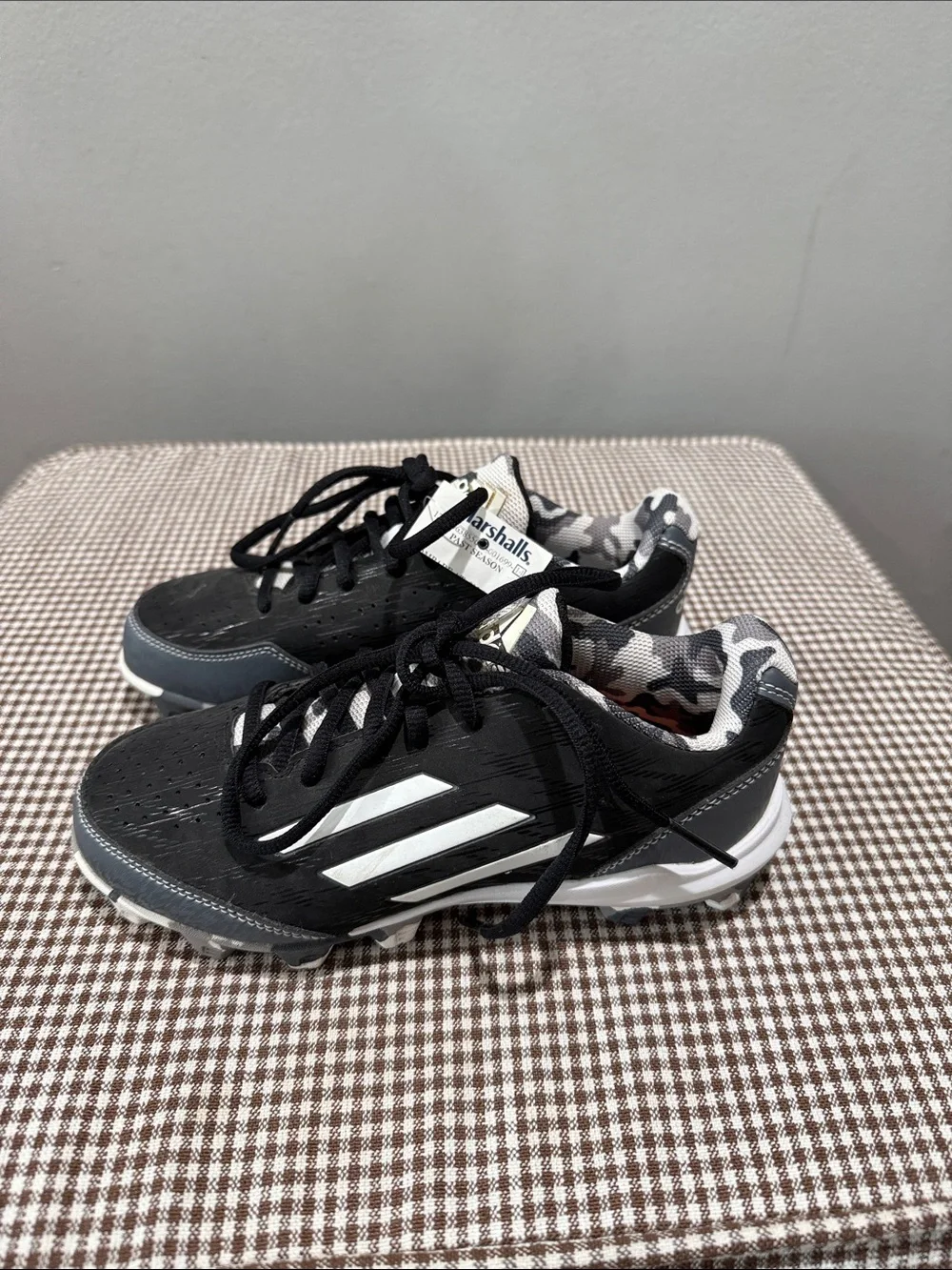 Black Adidas Sneakers cleats with White Stripes and Camo Lining